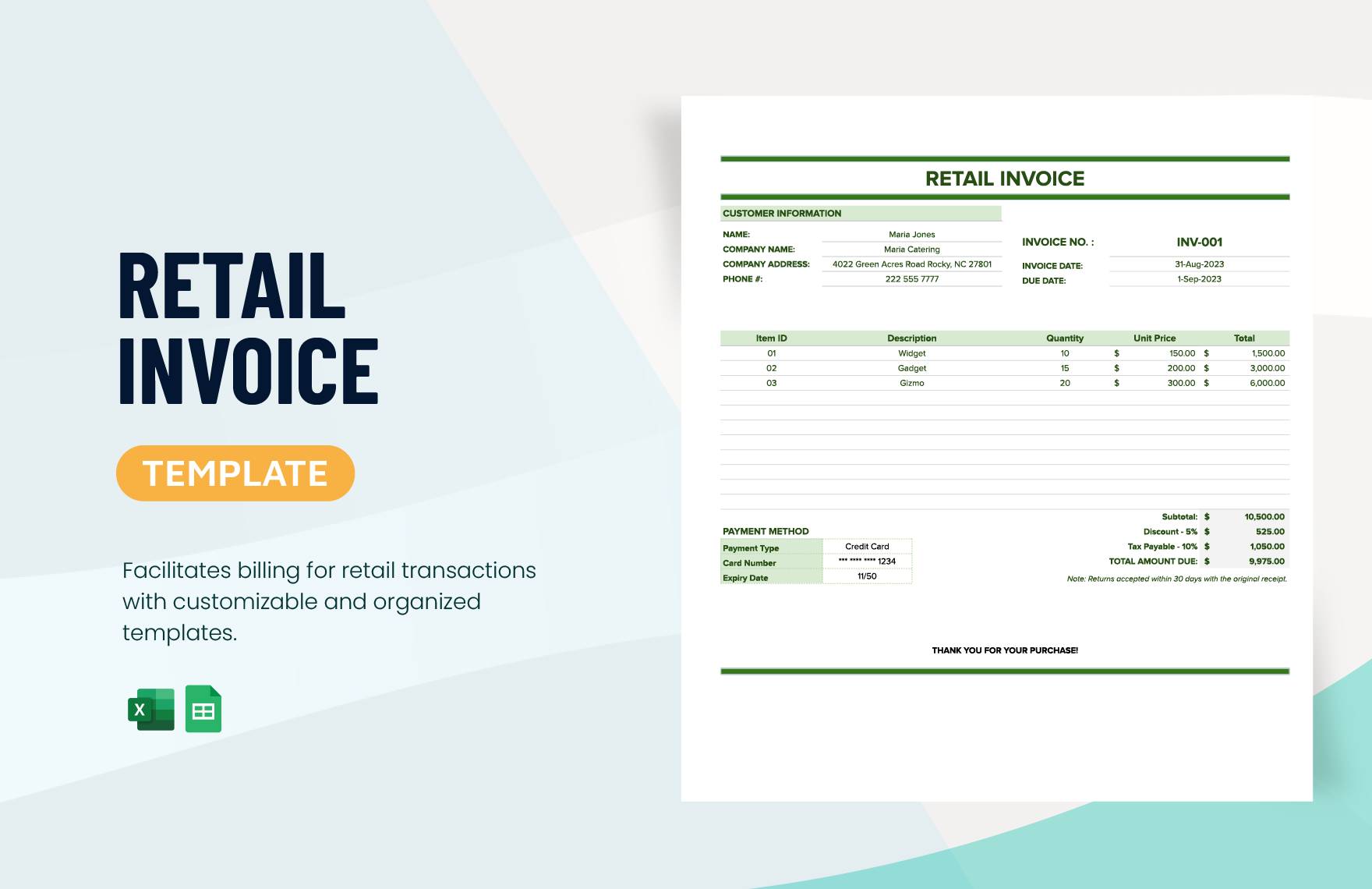 Retail Invoice Template in Excel, Google Sheets - Download | Template.net