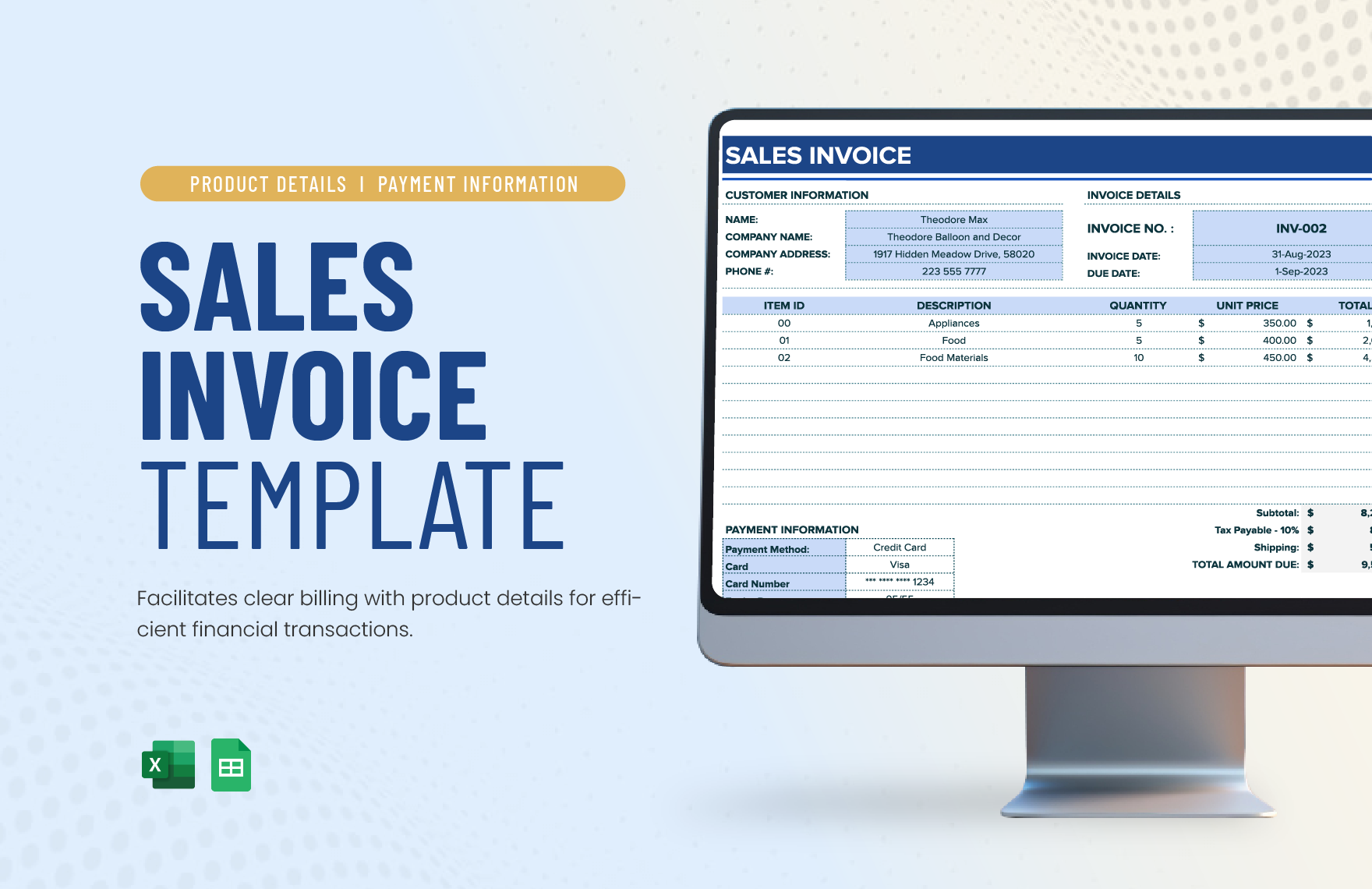 Sales Invoice Template in Excel, Google Sheets - Download | Template.net