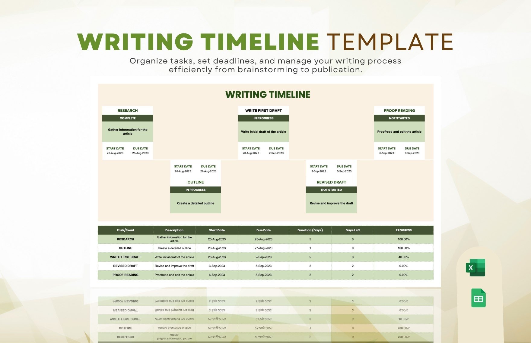 Writing Timeline Template in Excel, Google Sheets