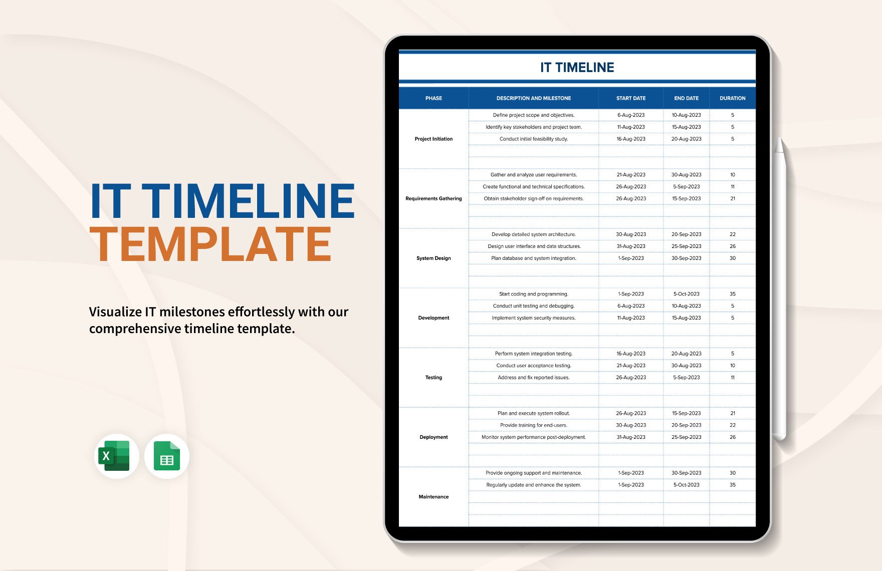 IT Timeline Template in Excel, Google Sheets