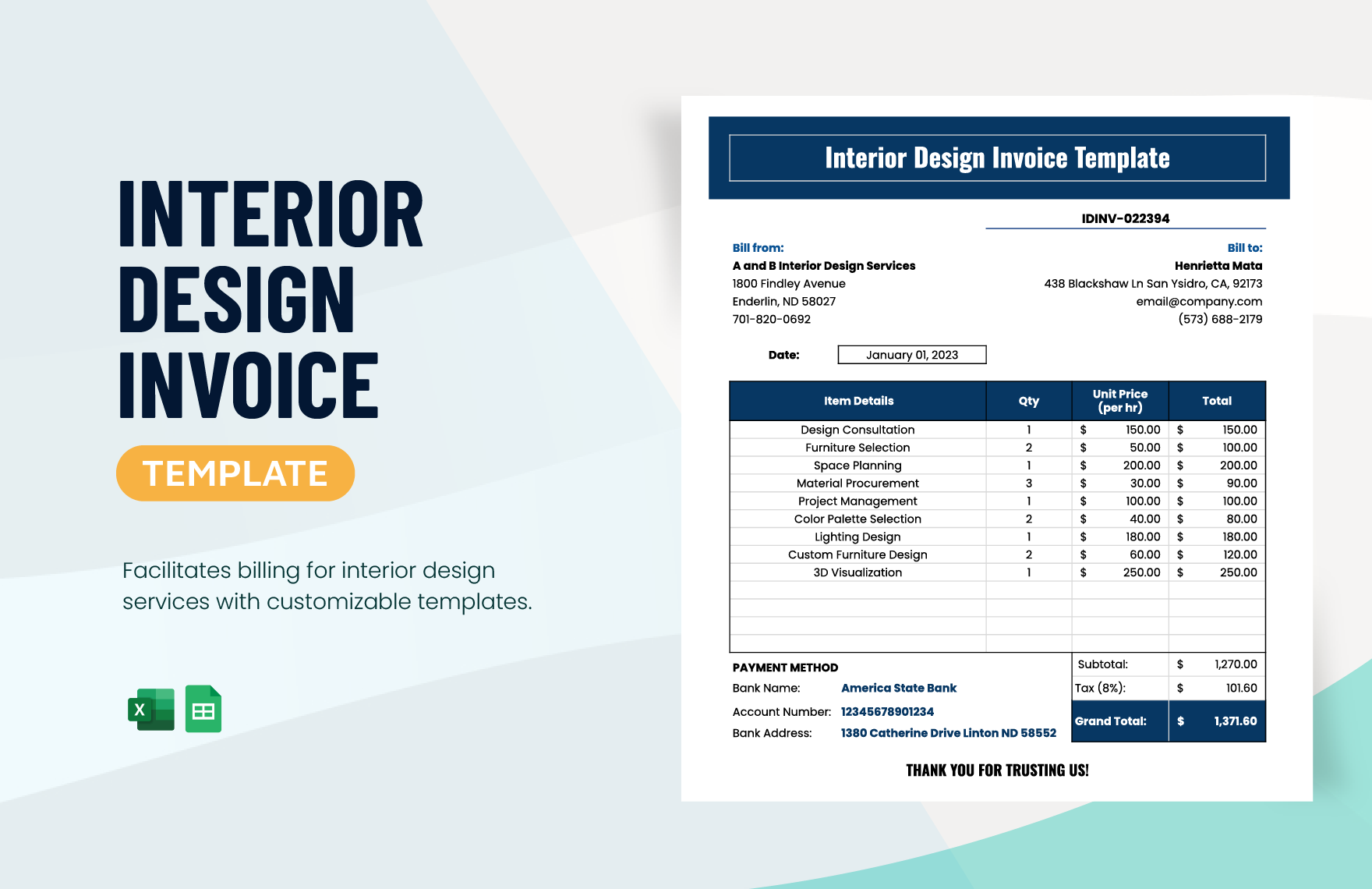 Interior Design Invoice Template in Excel, Google Sheets
