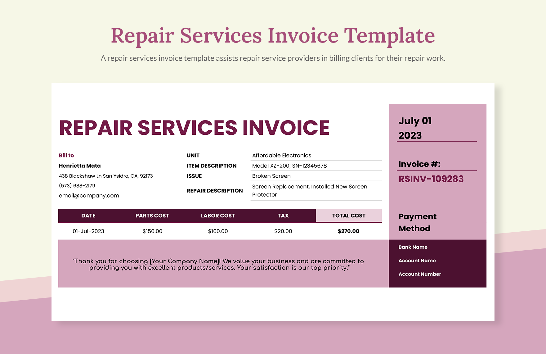 Repair Services Invoice Template