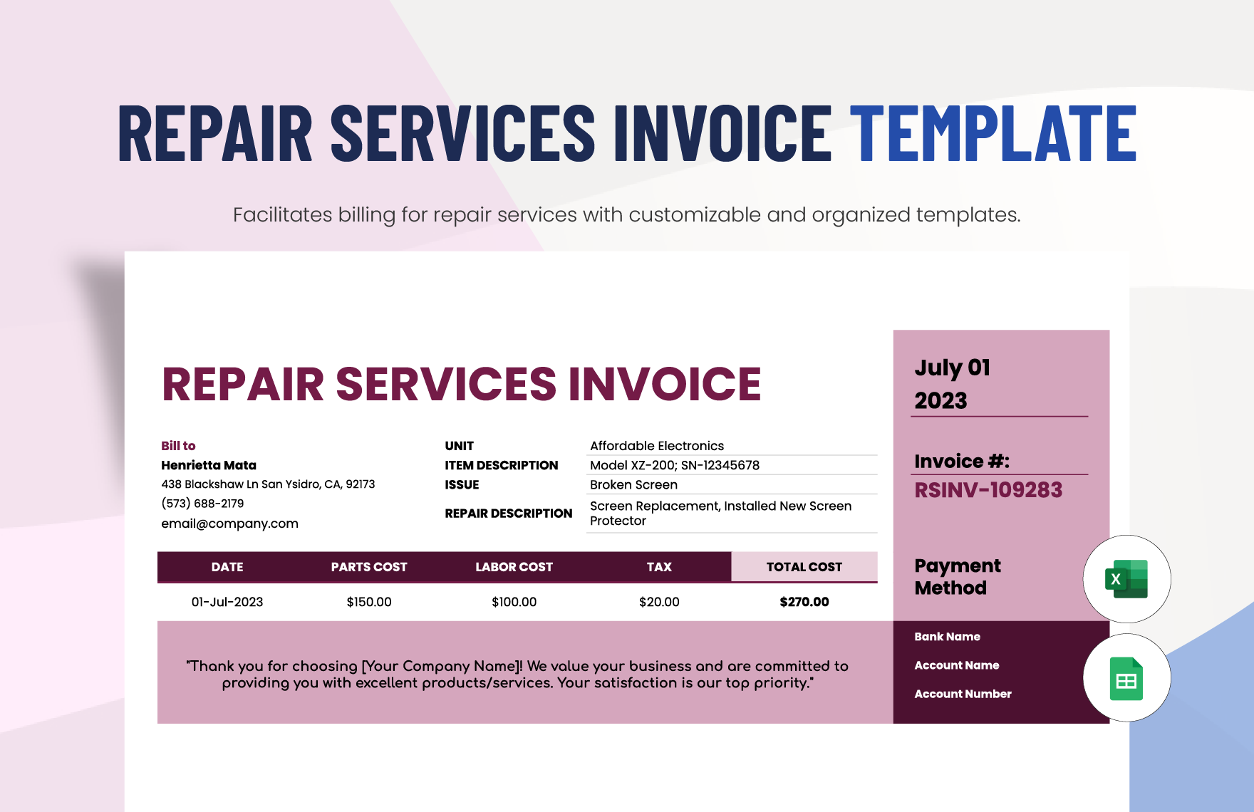 Repair Services Invoice Template in Excel, Google Sheets
