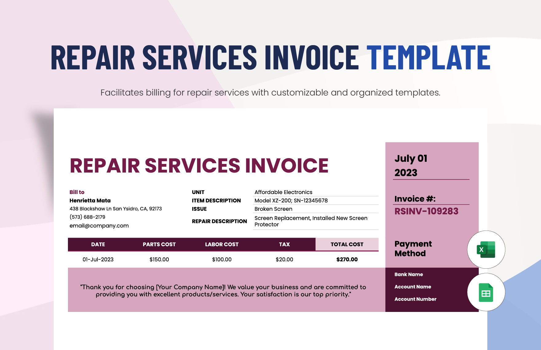 Repair Services Invoice Template