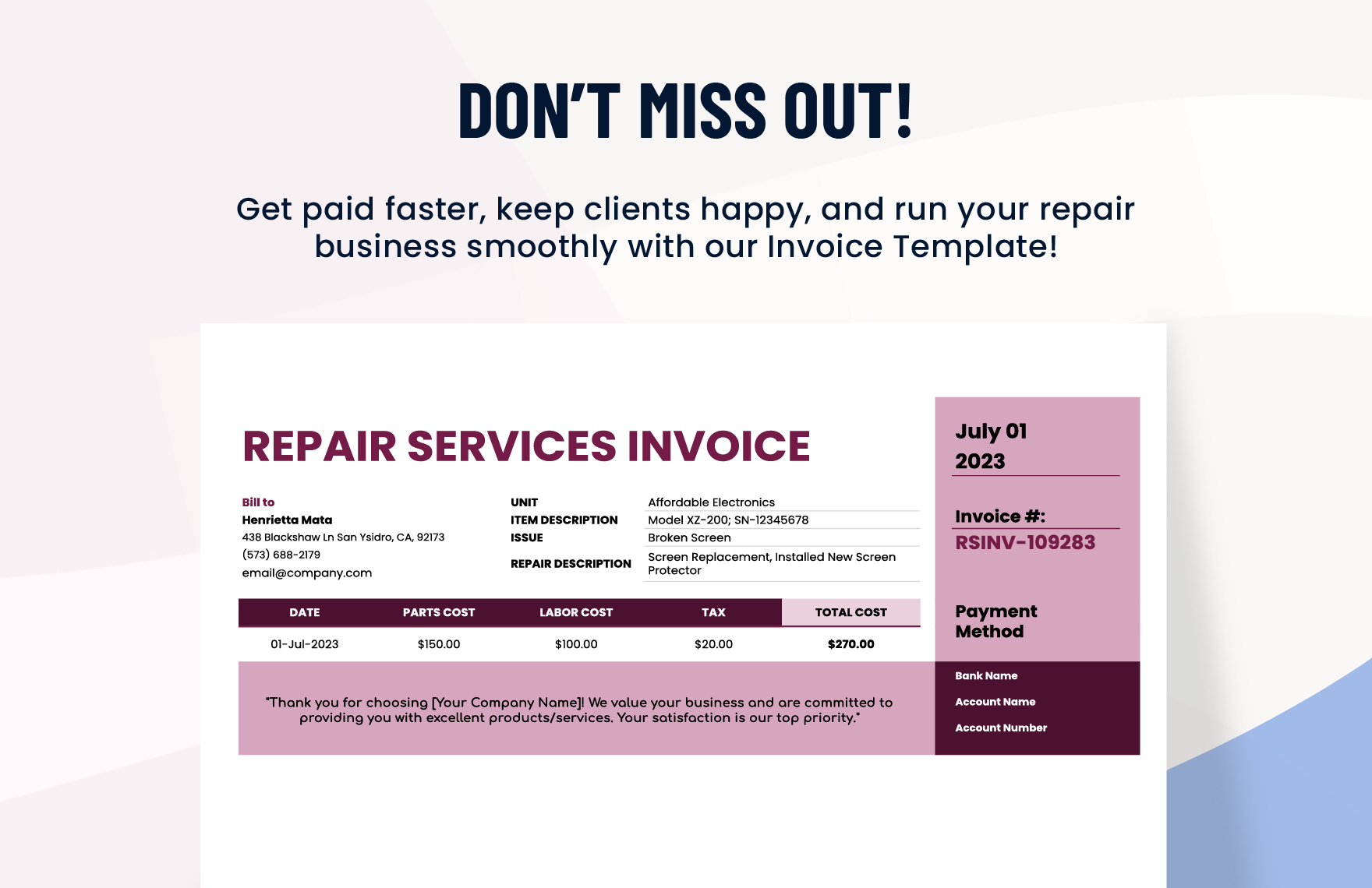 Repair Services Invoice Template