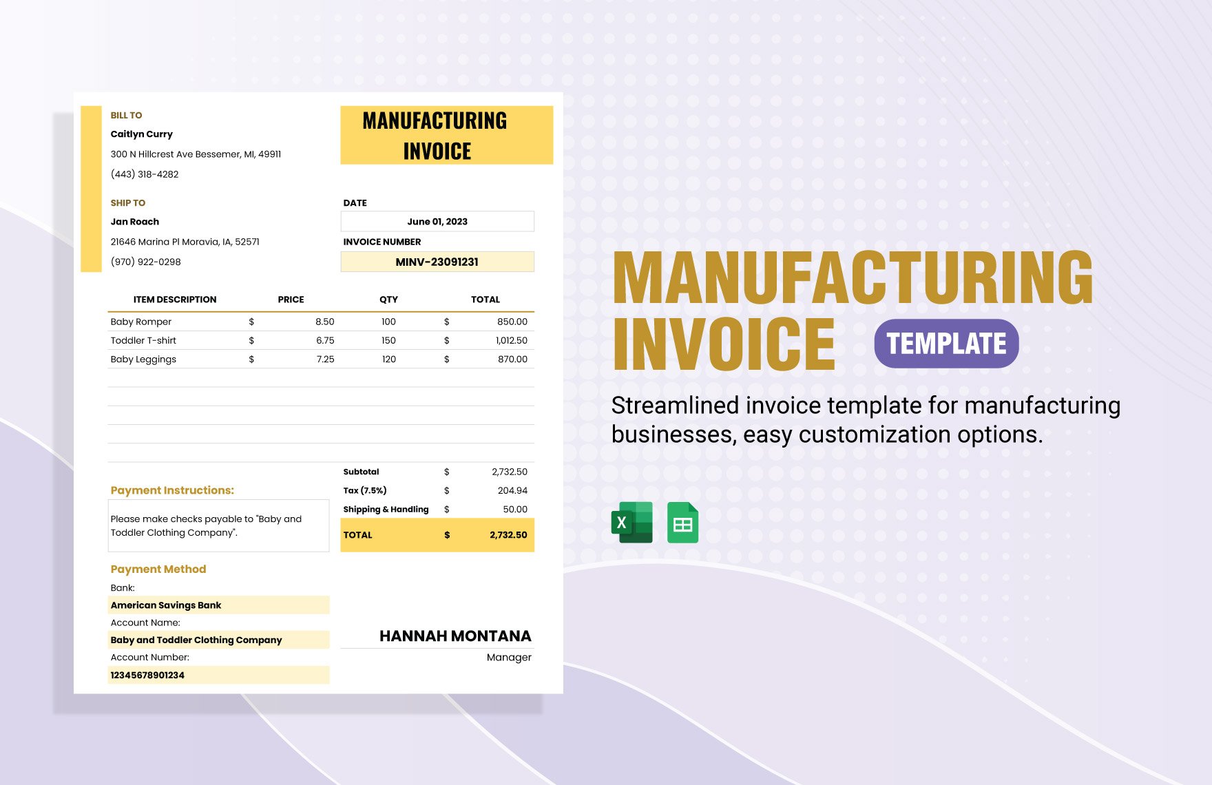 Manufacturing Invoice Template in Excel, Google Sheets