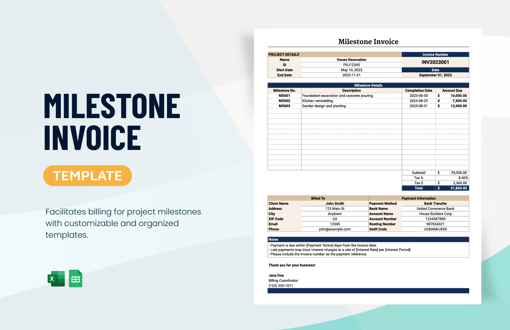 Milestone Invoice Template in Excel, Google Sheets