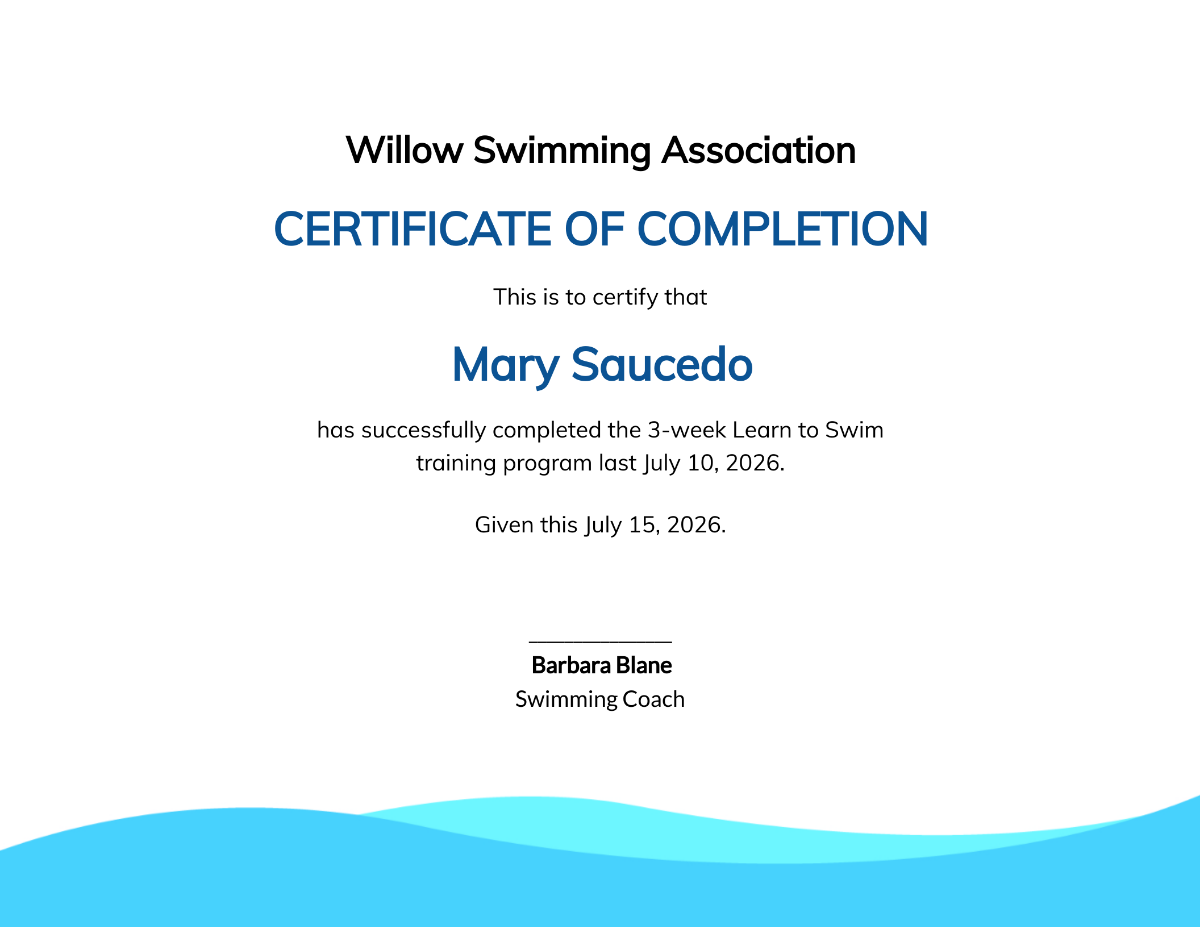 Swimming Certificate of Completion Template