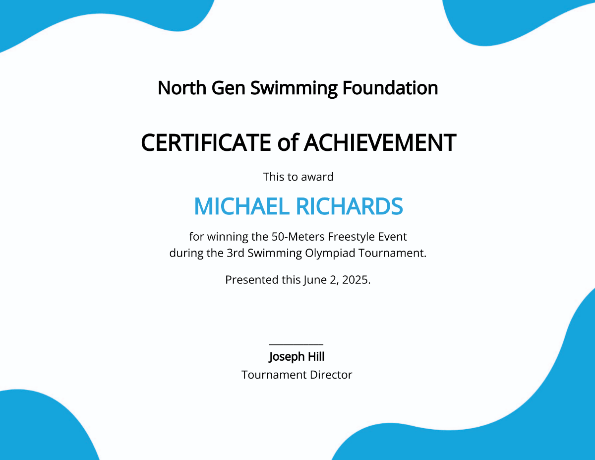 Swimming Certificate of Performance Template