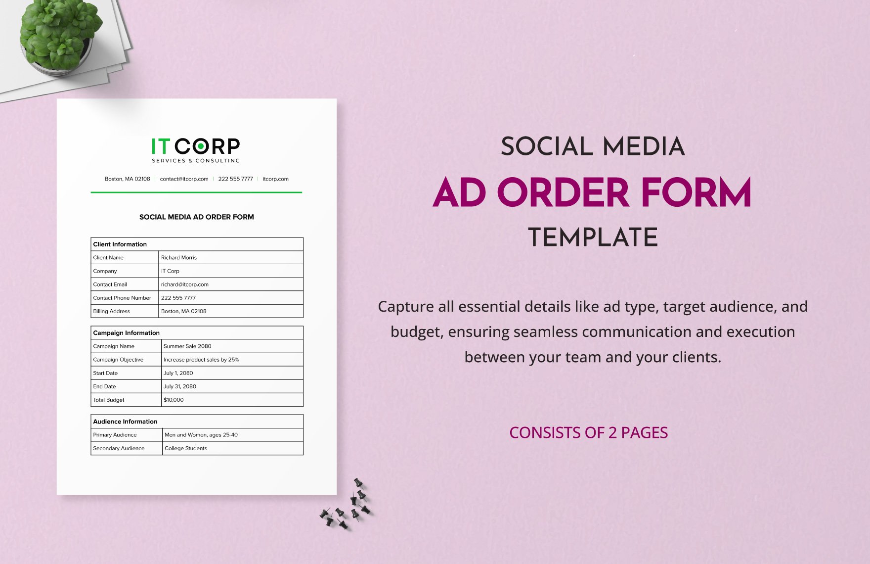 Social Media Ad Order Form Template