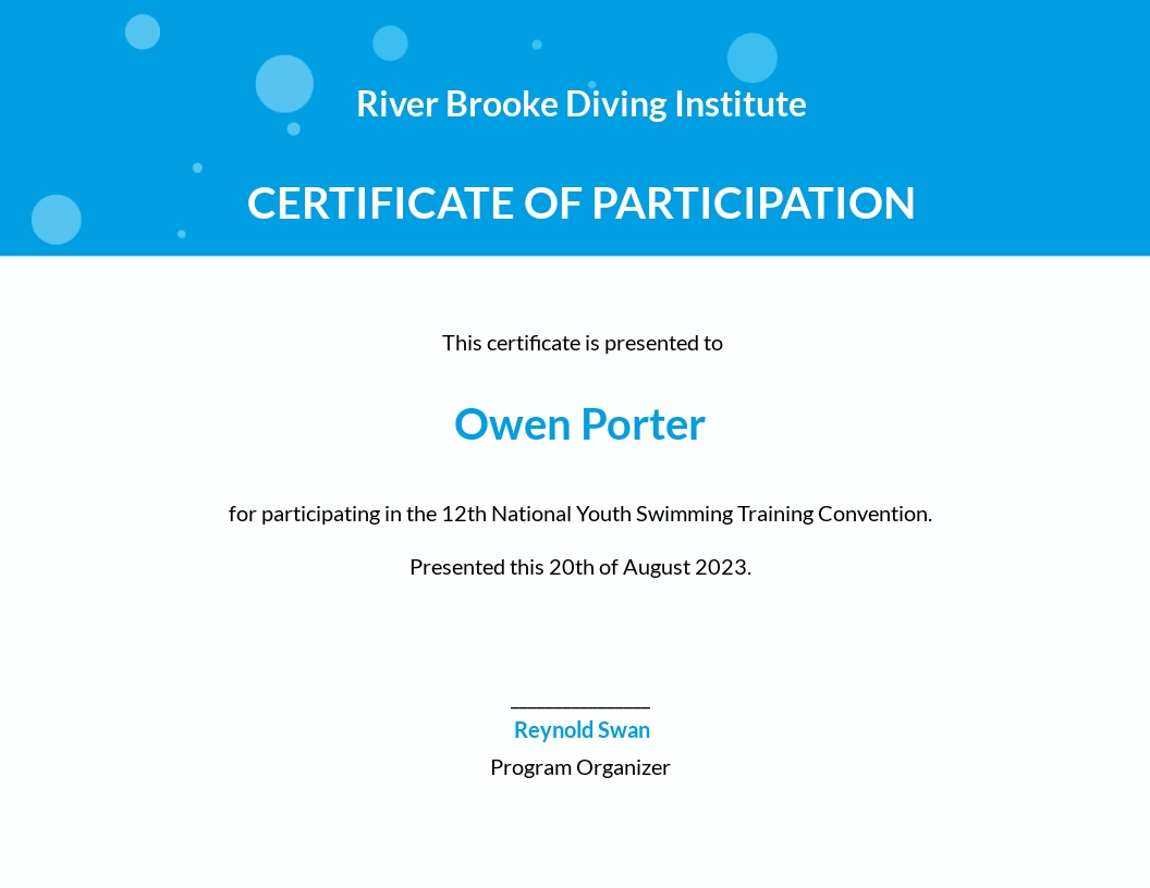 Swimming Participation Certificate Template - Google Docs, Illustrator, InDesign, Word, Apple Pages, PSD, Publisher