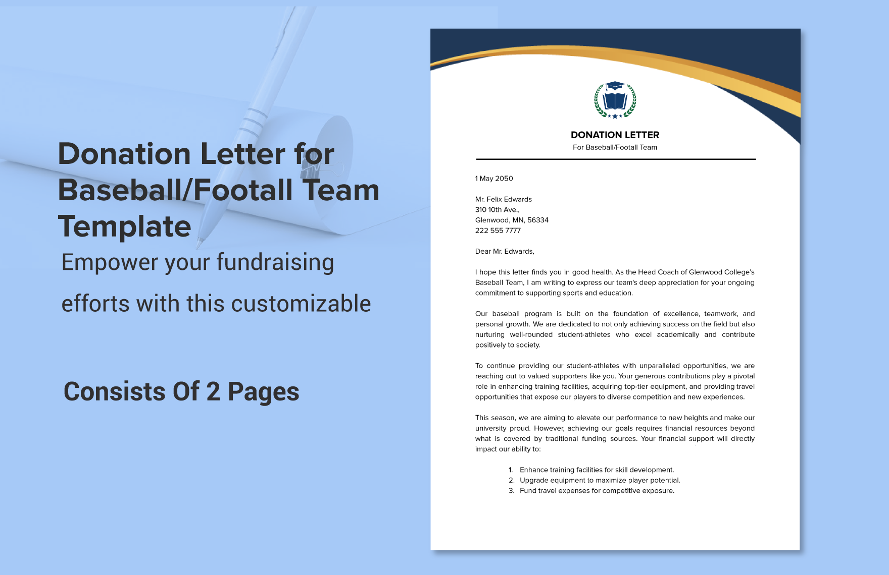Donation Letter for Baseball/Footall Team Template