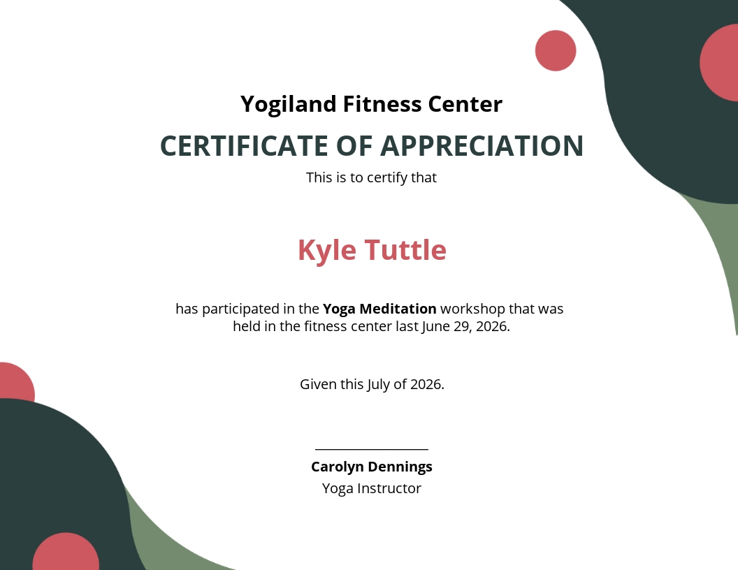 Yoga Participation Certificate Template - Google Docs, Illustrator, InDesign, Word, Apple Pages, PSD, Publisher