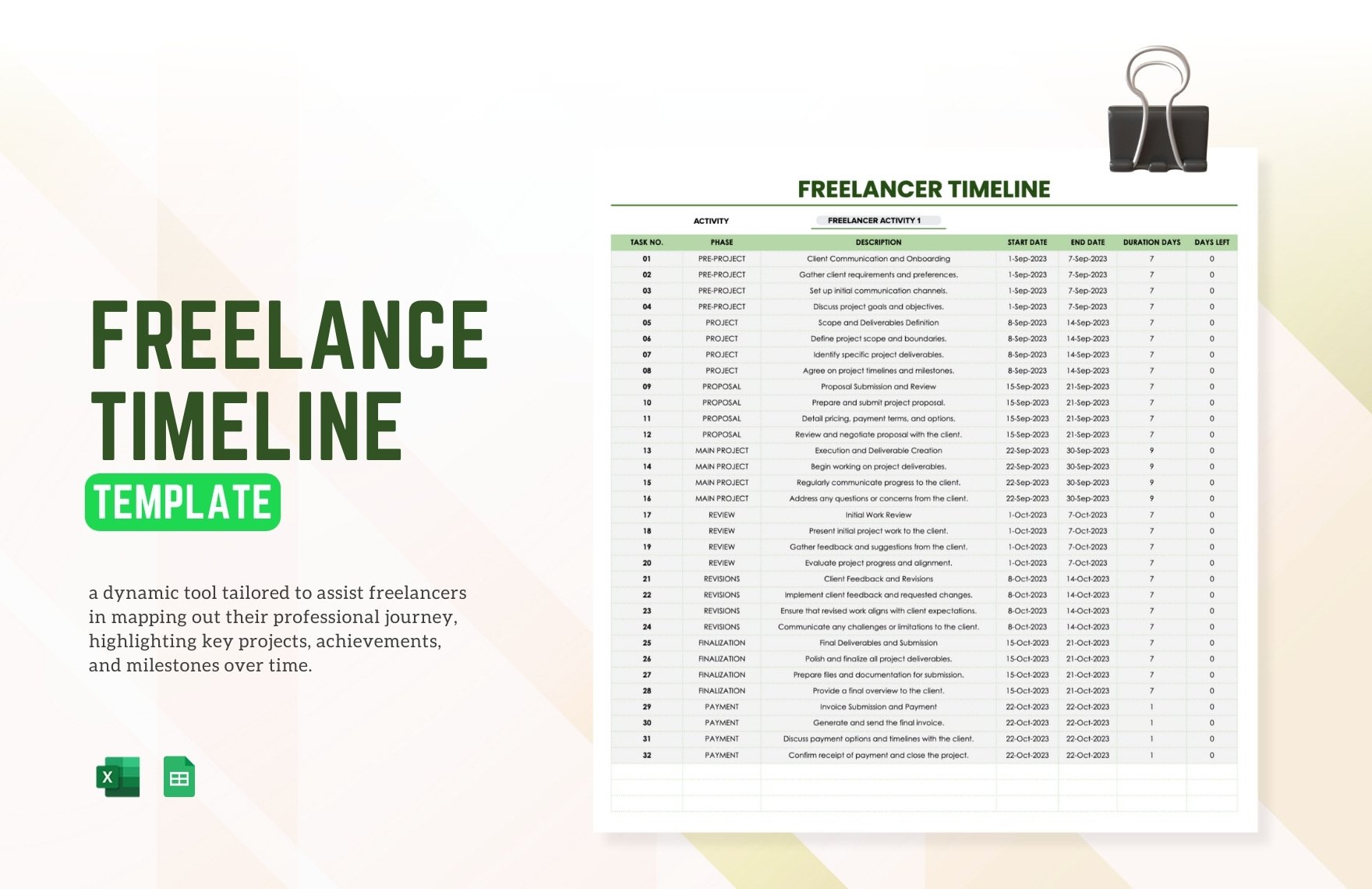 Freelancer Timeline Template in Excel, Google Sheets