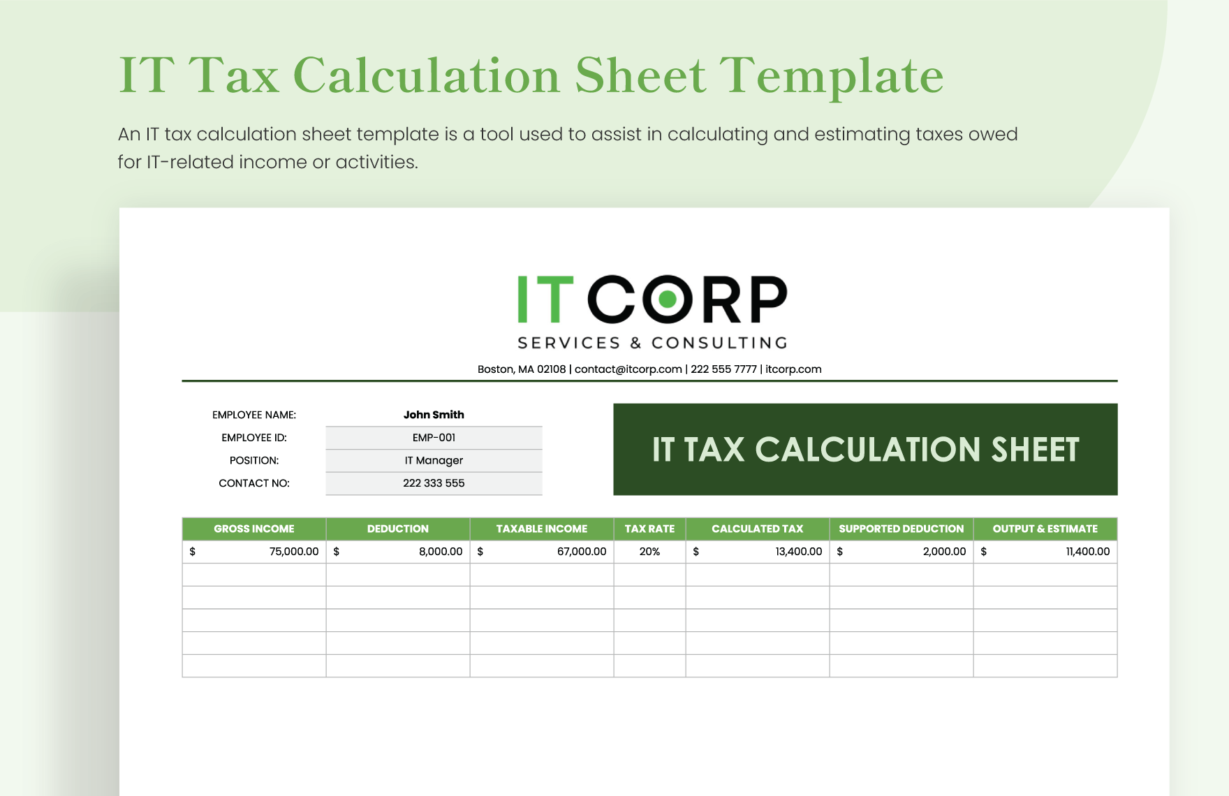 IT Tax Calculation Sheet Template in Excel, Google Sheets