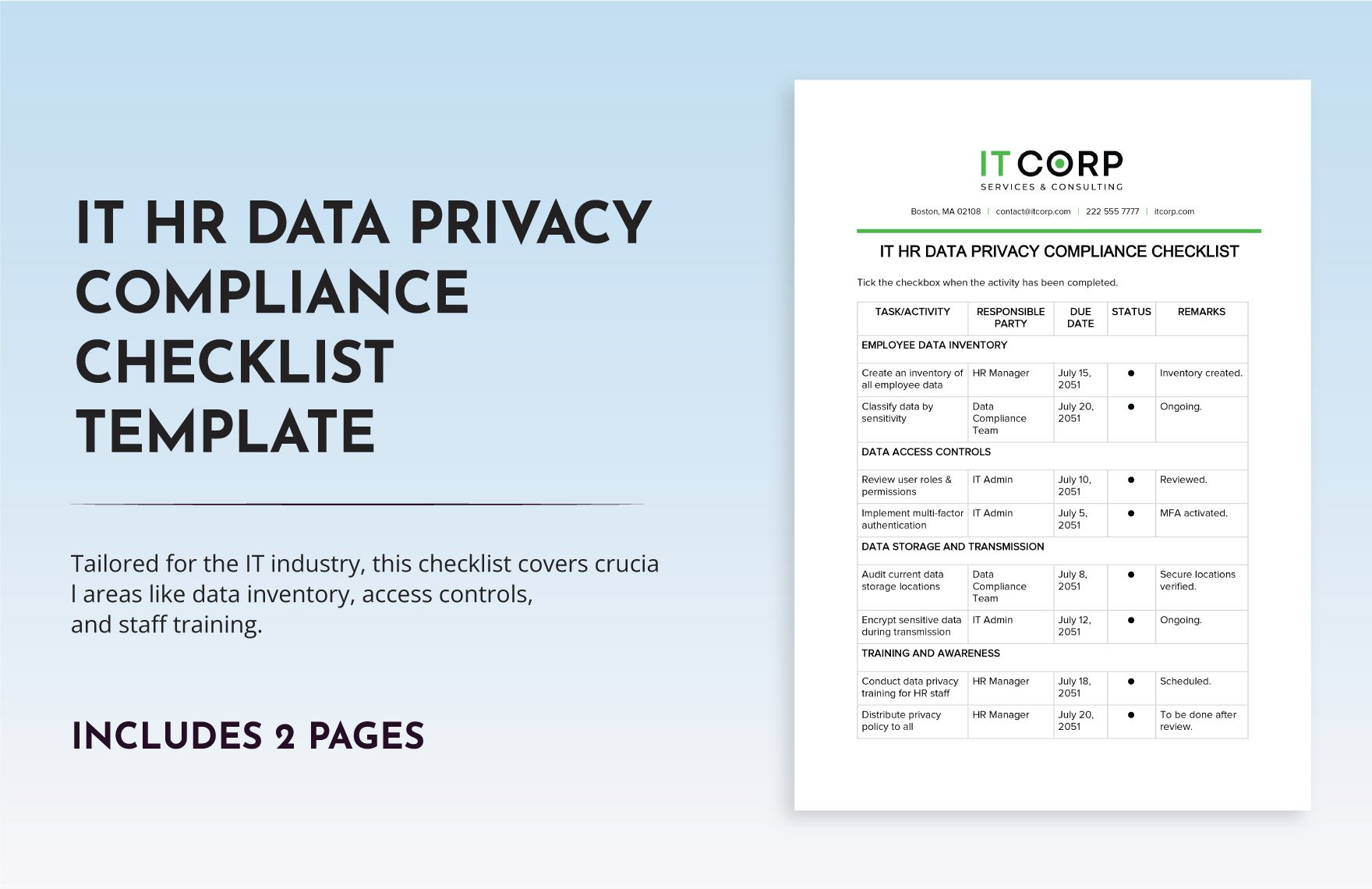 IT HR Data Privacy Compliance Checklist Template