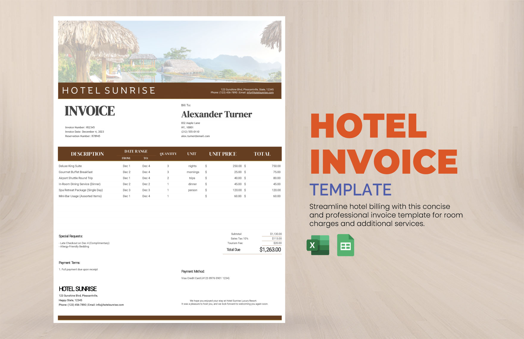 Hotel Invoice Template in Excel, Google Sheets