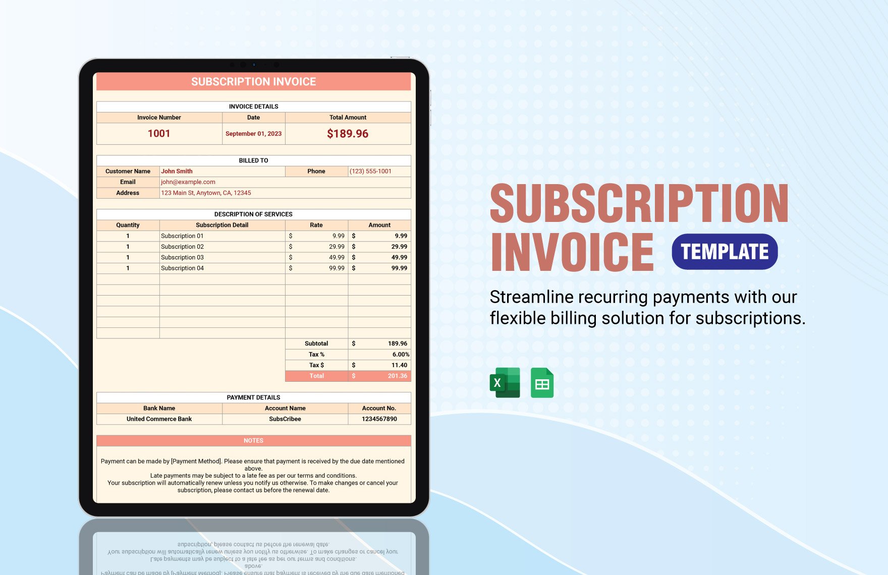 Subscription Invoice Template in Excel, Google Sheets