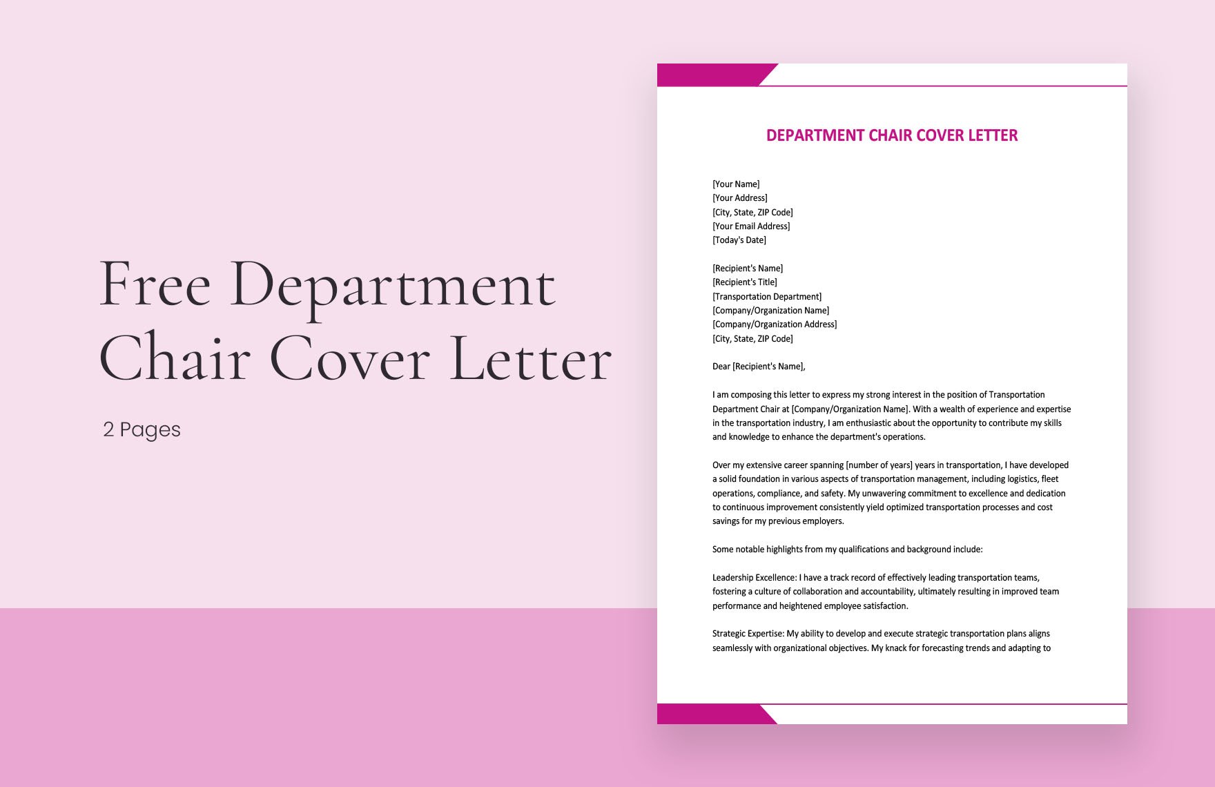 Department Chair Cover Letter in Word, Google Docs