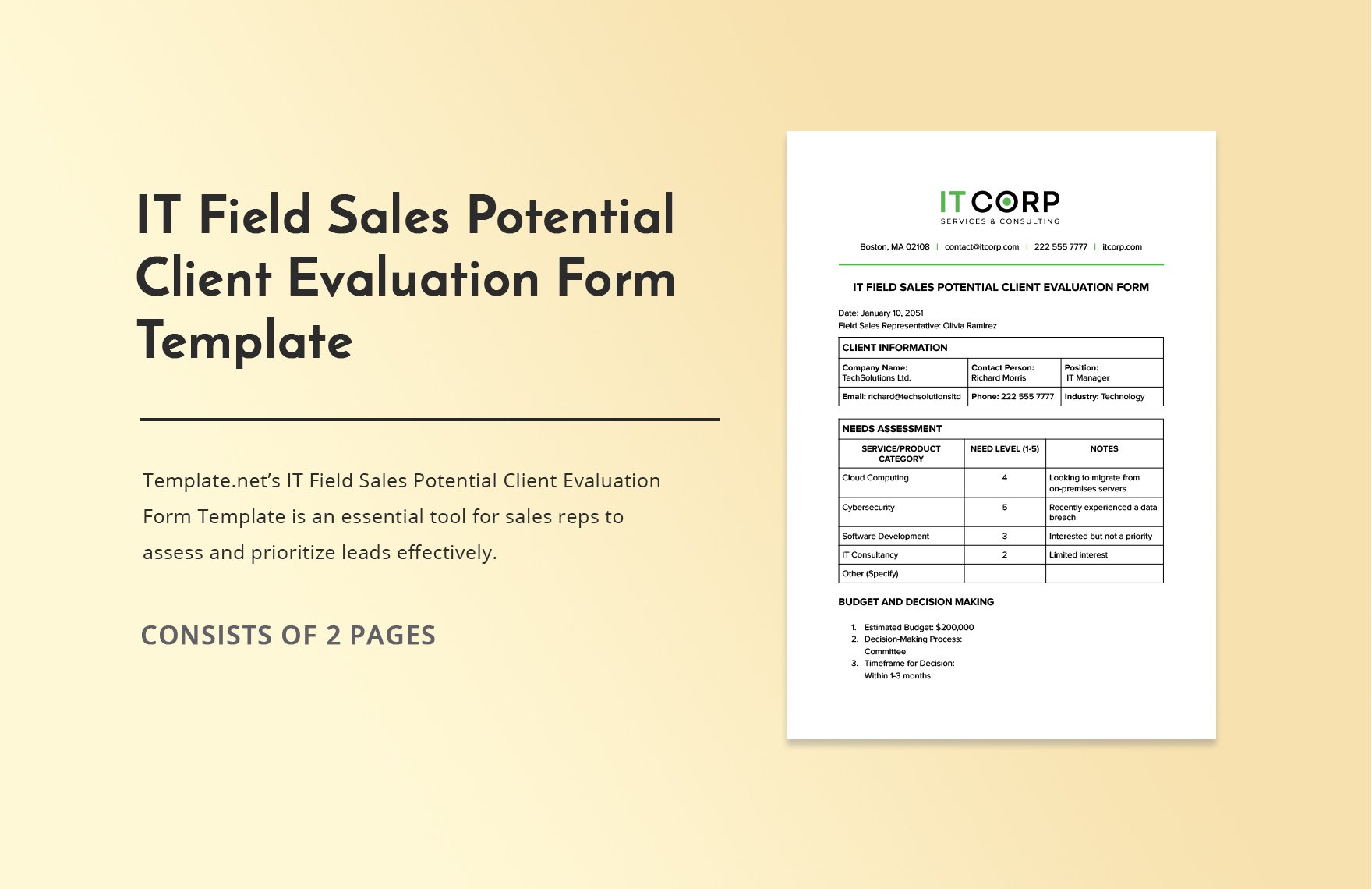 IT Field Sales Potential Client Evaluation Form Template
