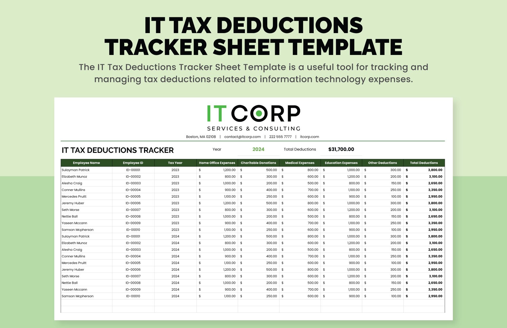 IT Tax Deductions Tracker Sheet Template