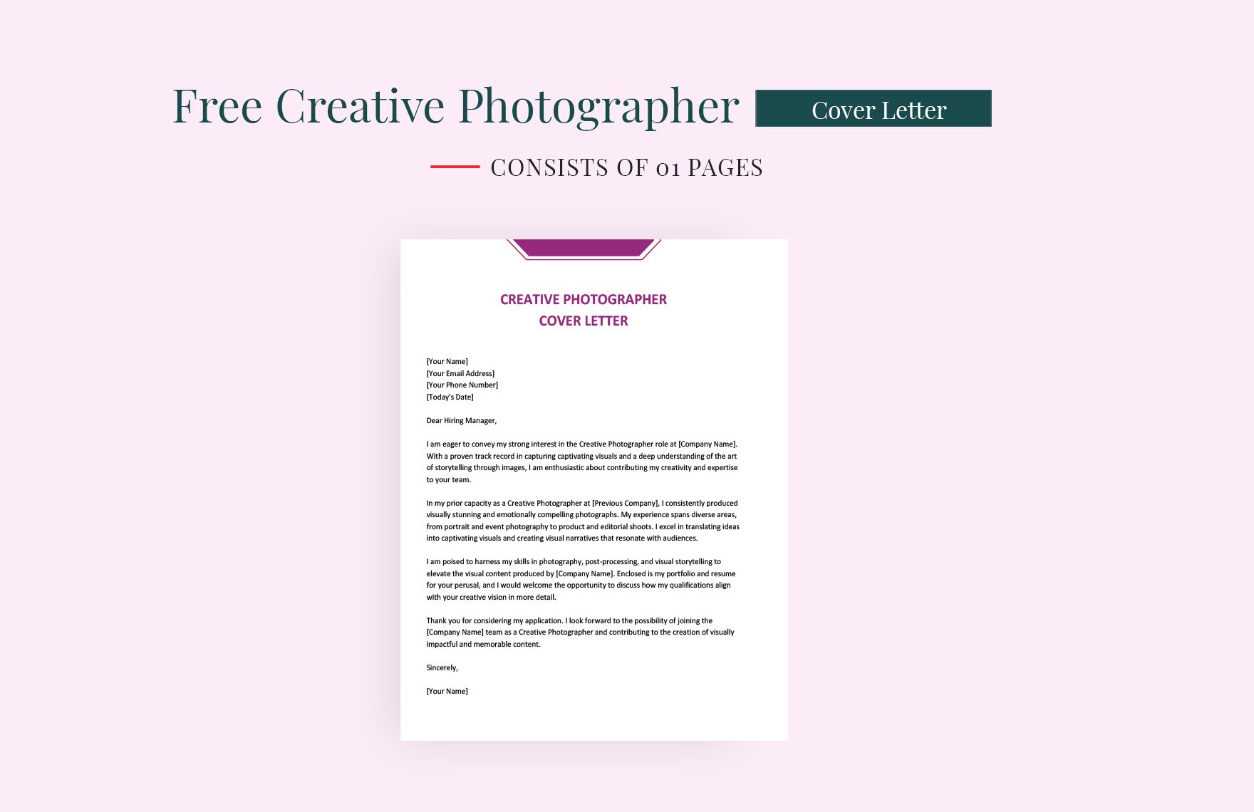Creative Photographer Cover Letter in Word, Google Docs