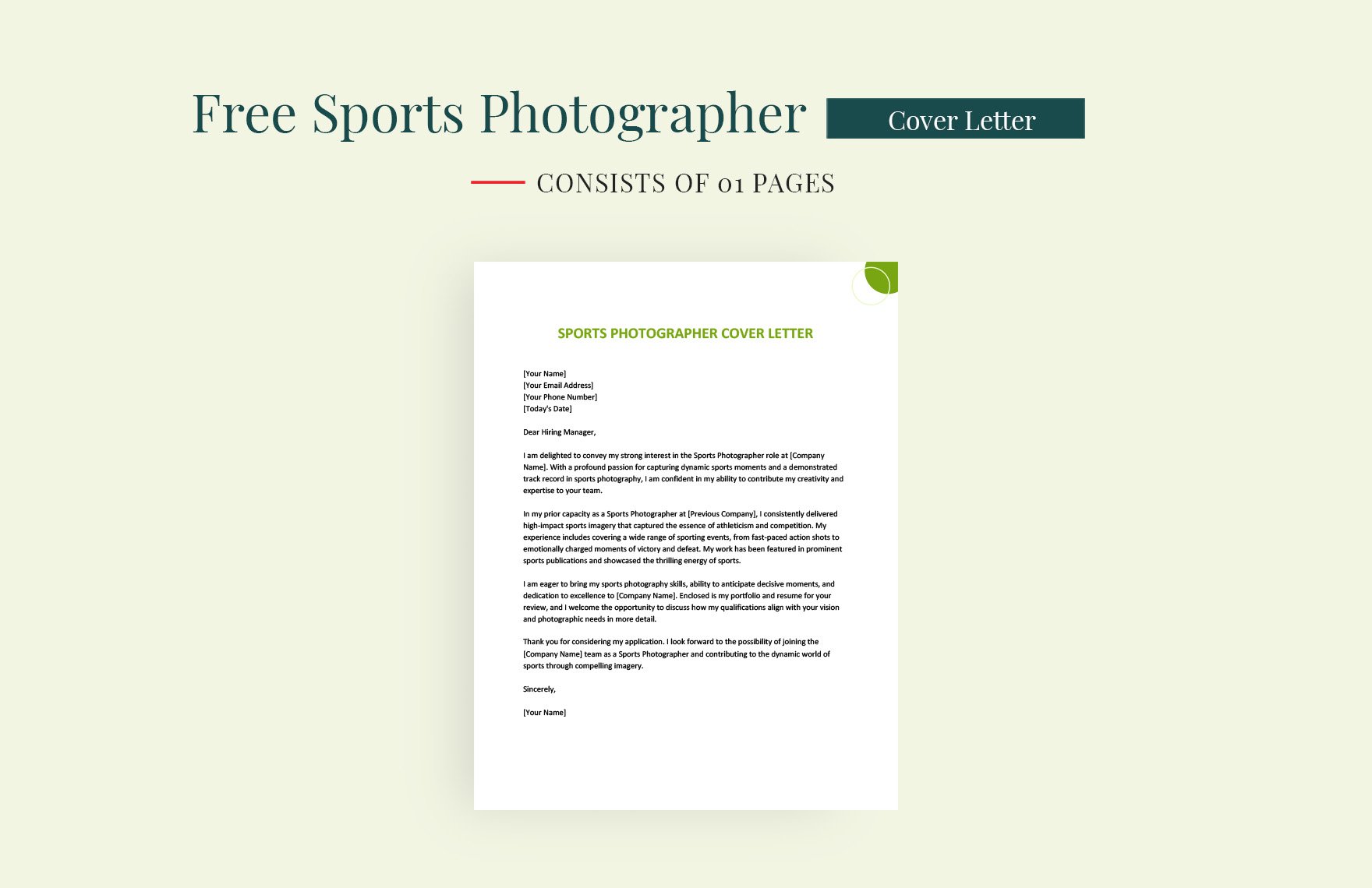 Sports Photographer Cover Letter in Word, Google Docs