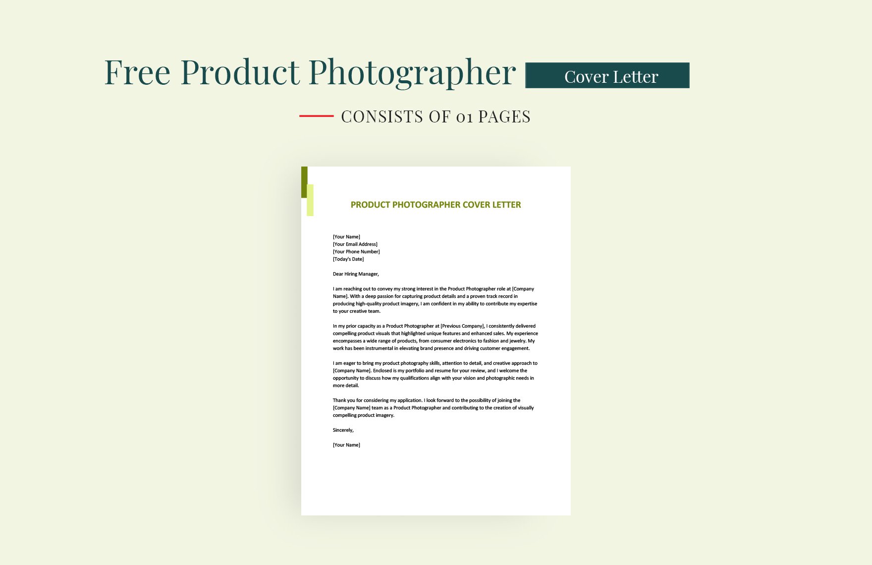 Product Photographer Cover Letter