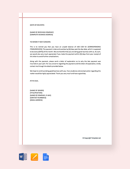 Free Late Payment Letter Template Google Docs Word Outlook Apple 