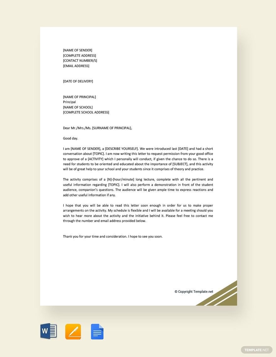 Free Request Letter to Principal for Permission Template