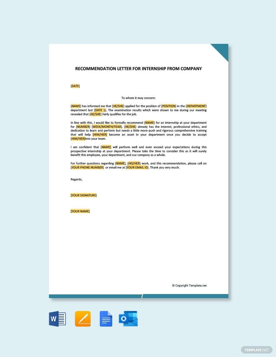 Free Recommendation Letter for Internship from Company Template