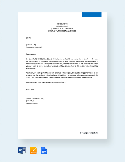 FREE Thank You Letter to Parents from School Template - Word | Google ...