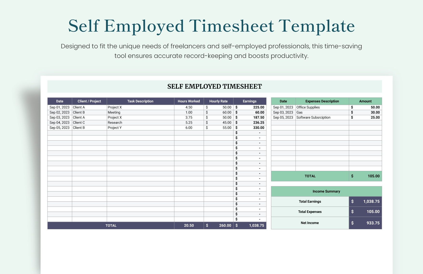 Self Employed Timesheet Template