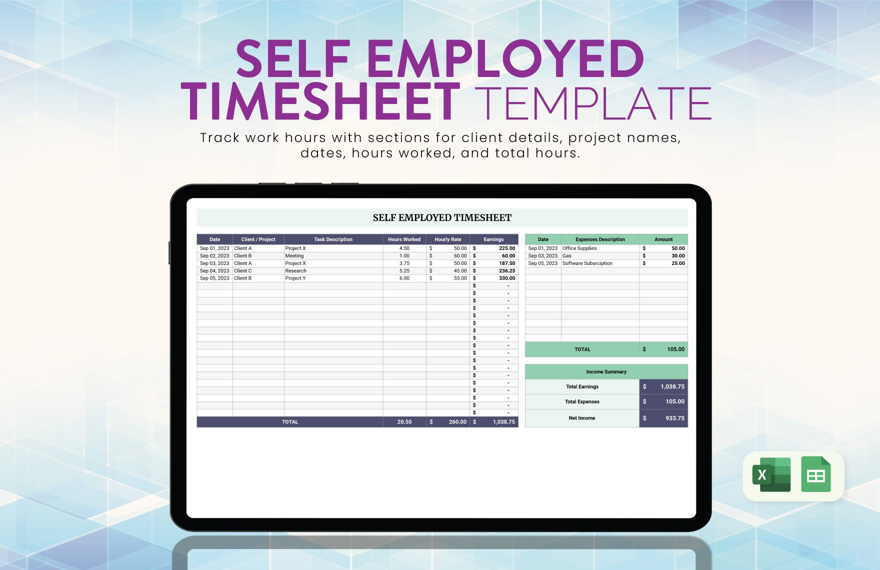Self Employed Timesheet Template in Excel, Google Sheets