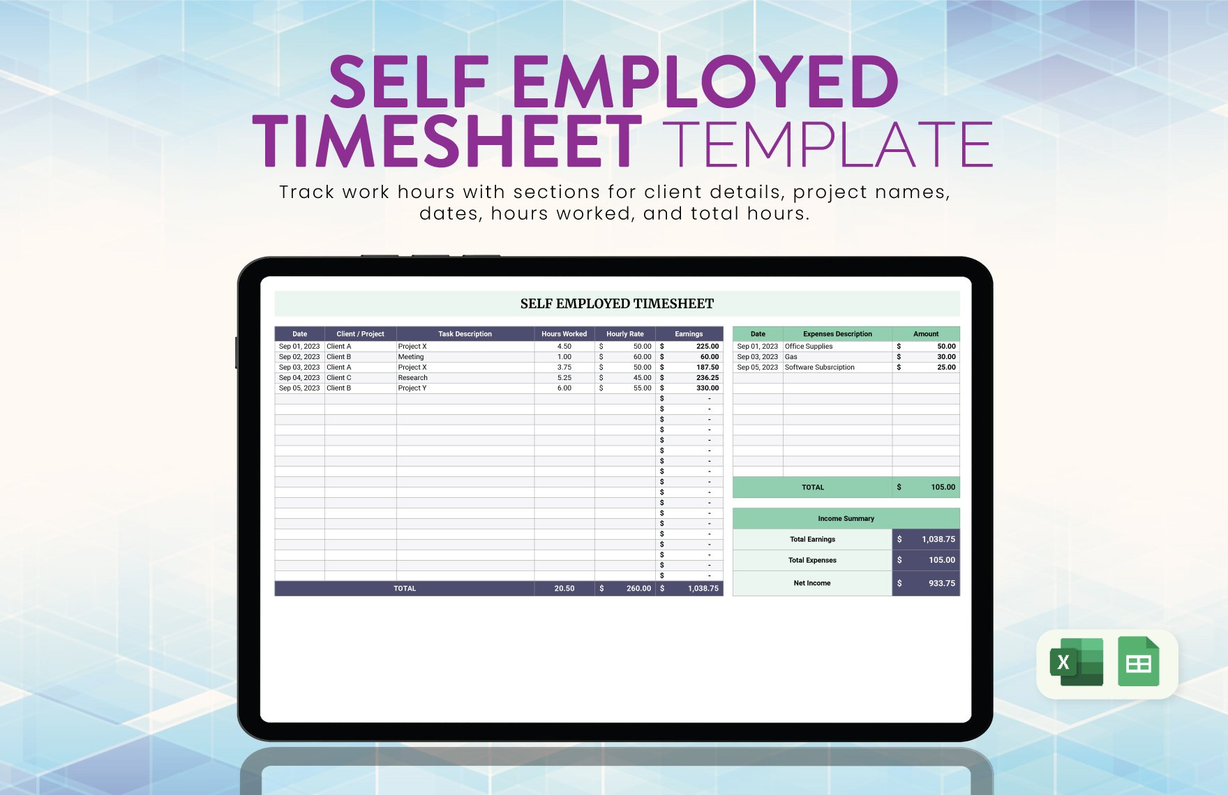 Self Employed Timesheet Template in Excel, Google Sheets - Download | Template.net