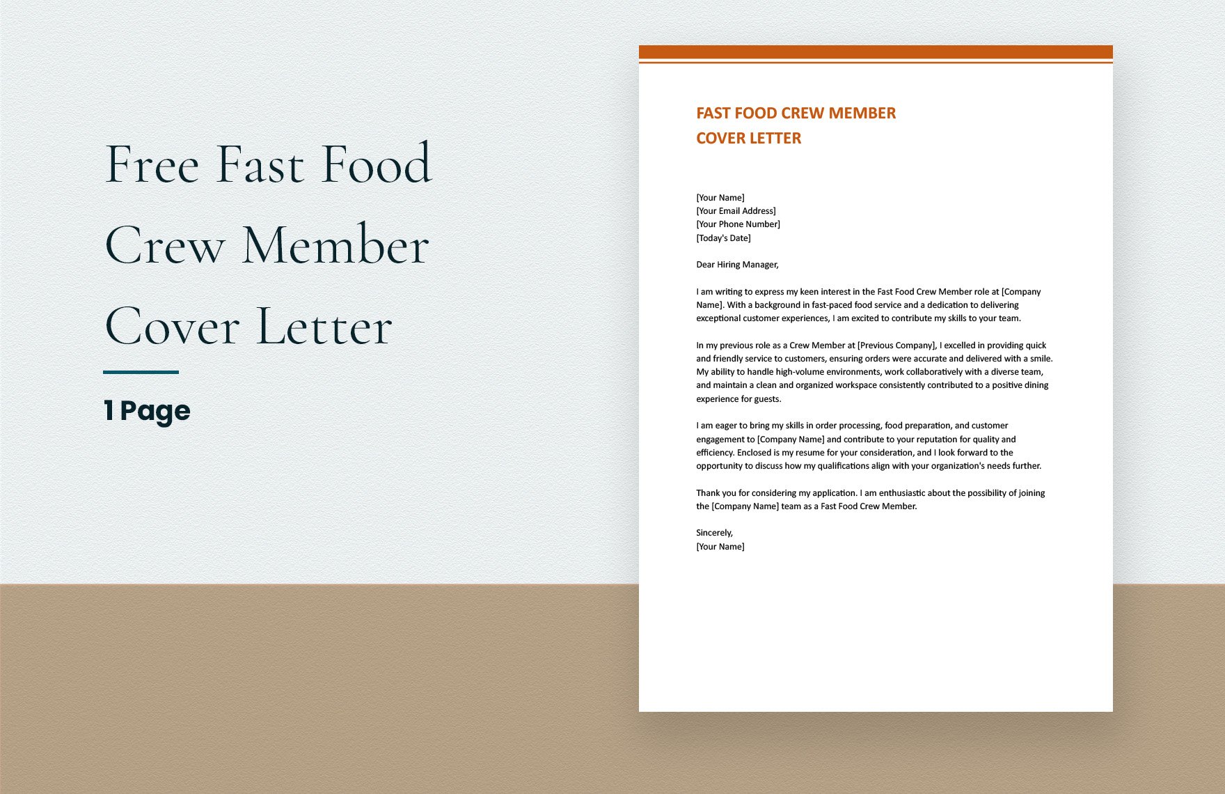 Fast Food Crew Member Cover Letter