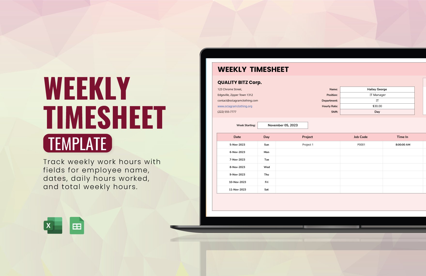 Free Weekly Timesheet Template in Excel, PDF, Google Sheets