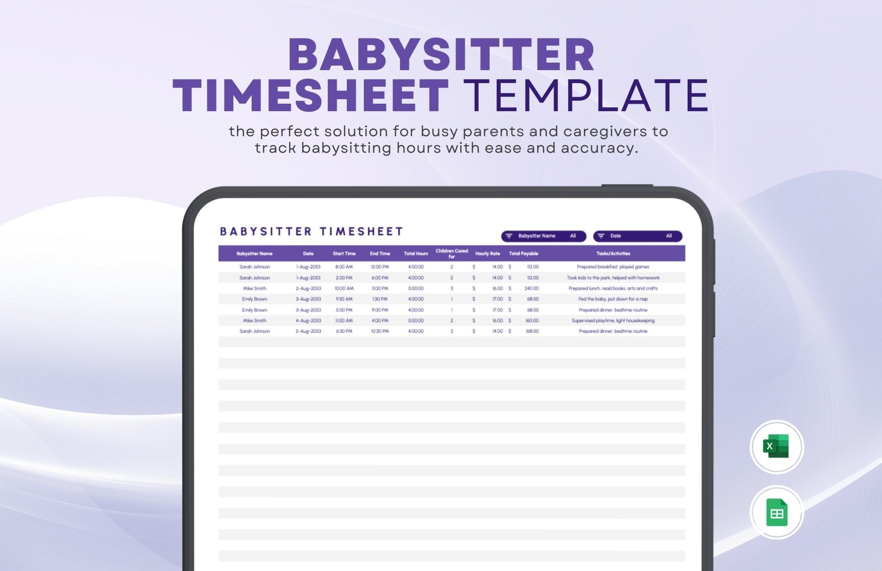 Free Babysitter Timesheet Template in Excel, Google Sheets