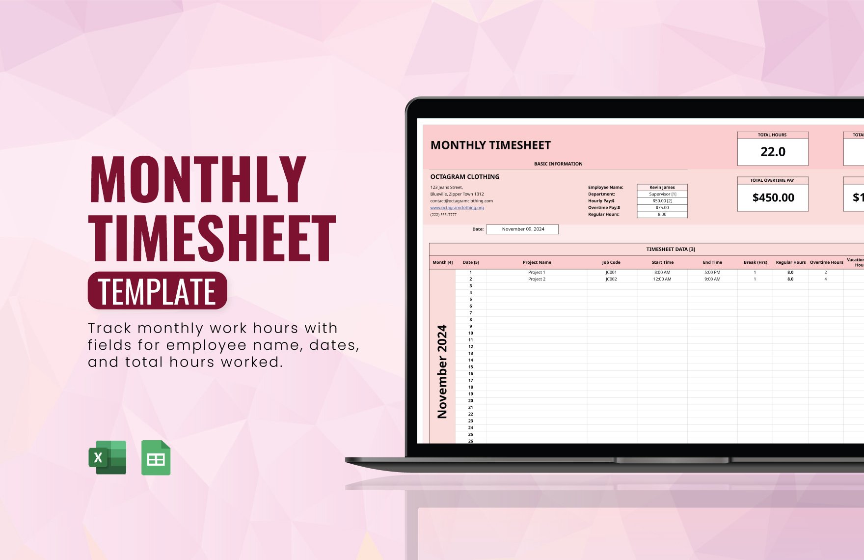 Free Monthly Timesheet Template in Excel, Google Sheets