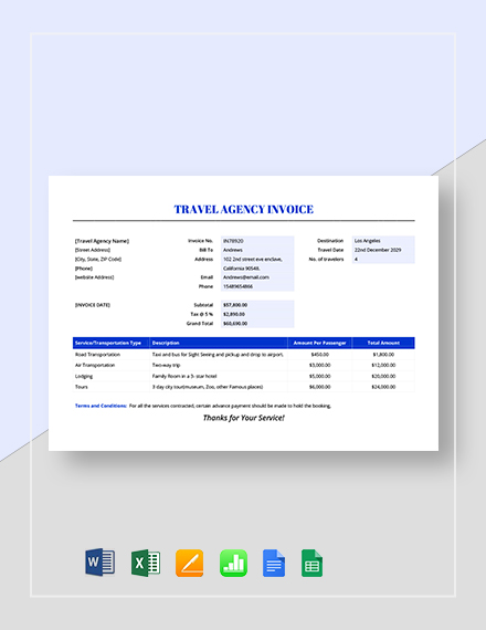 Travel And Tourism Invoice Template - PDF | Word (DOC) | Excel | Google