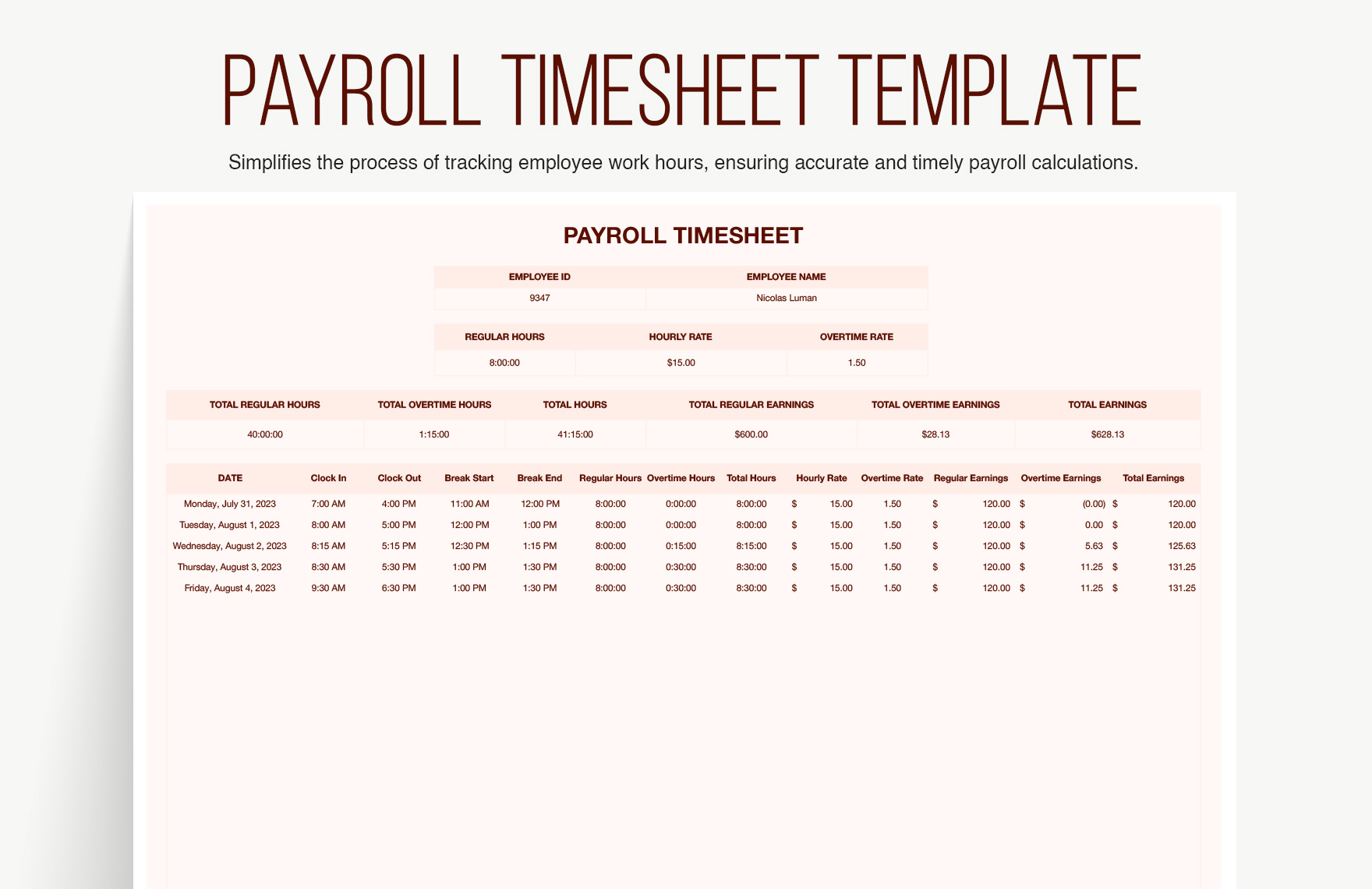 Payroll Timesheet Template - Download in Excel, Google Sheets ...