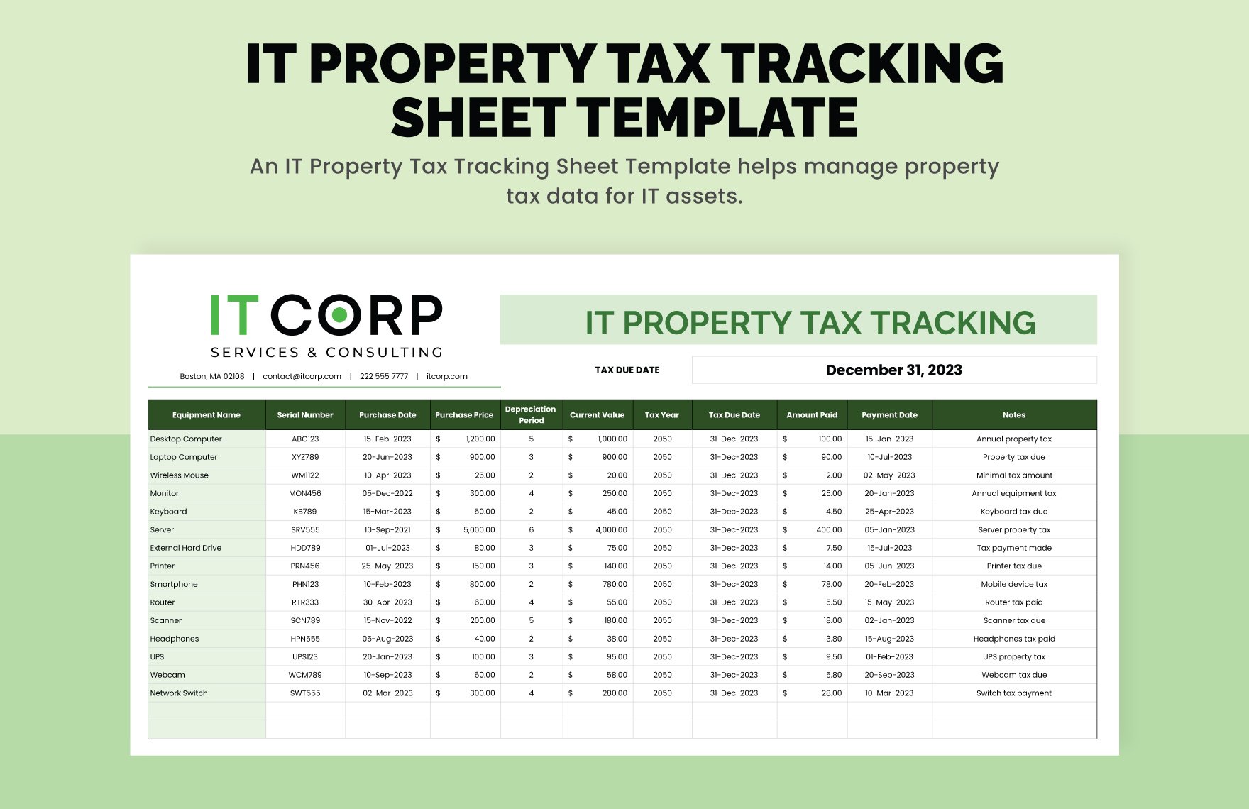 IT Property Tax Tracking Sheet Template in Excel, Google Sheets
