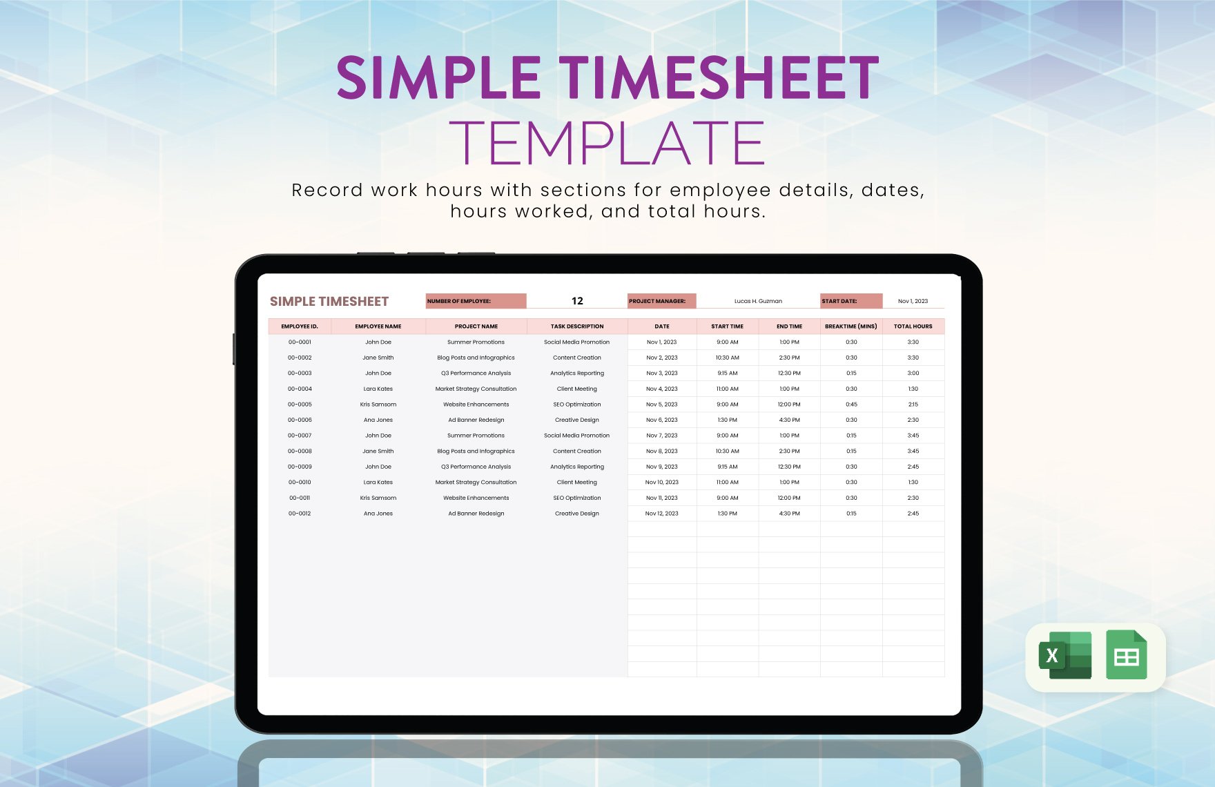 Simple Timesheet Template in Excel, Google Sheets