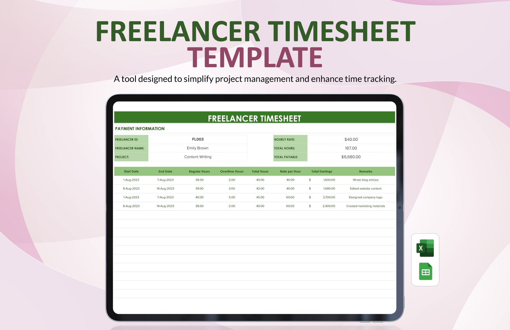 Freelancer Timesheet Template in Excel, Google Sheets