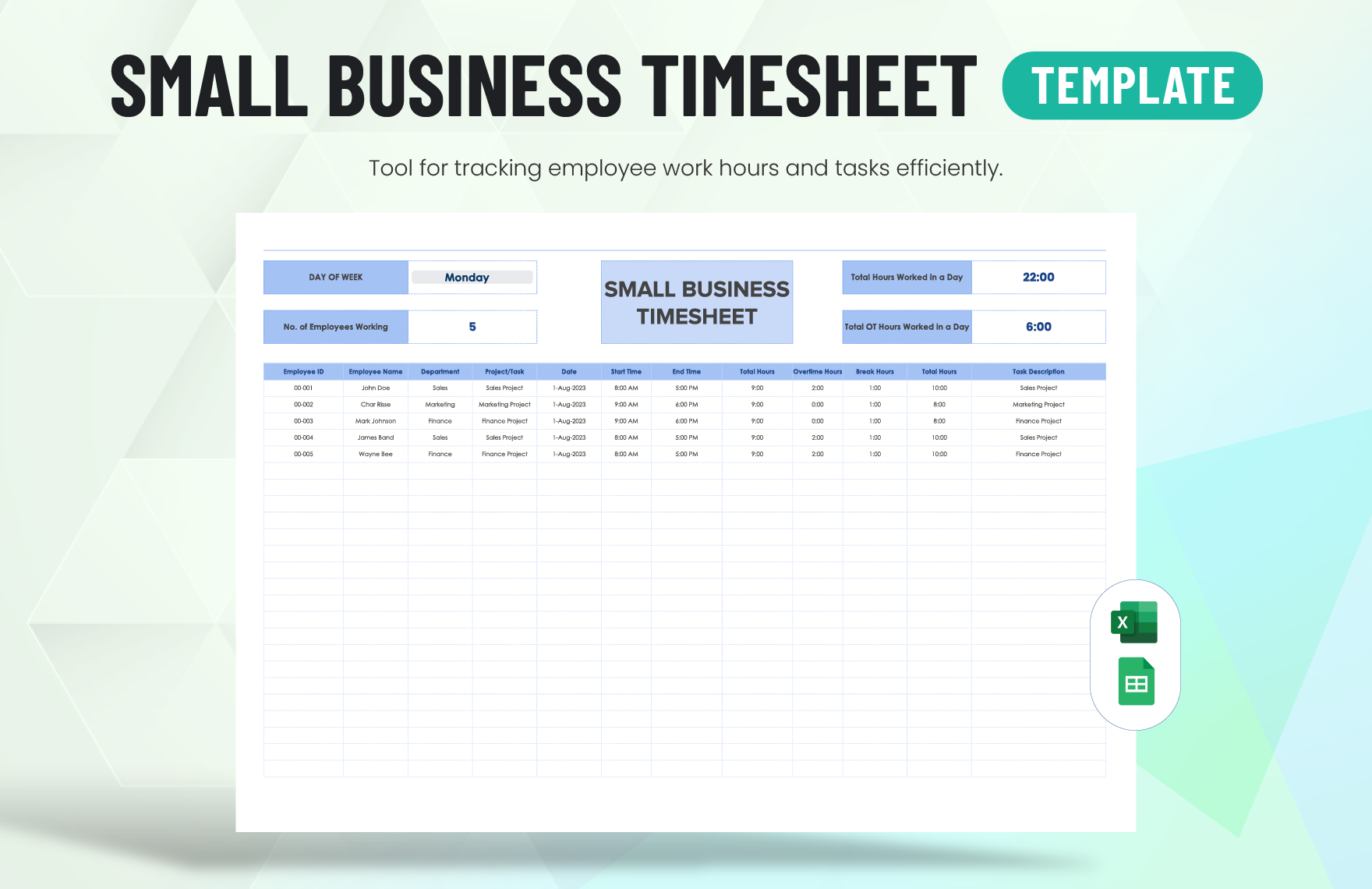Small Business Timesheet Template in Excel, Google Sheets