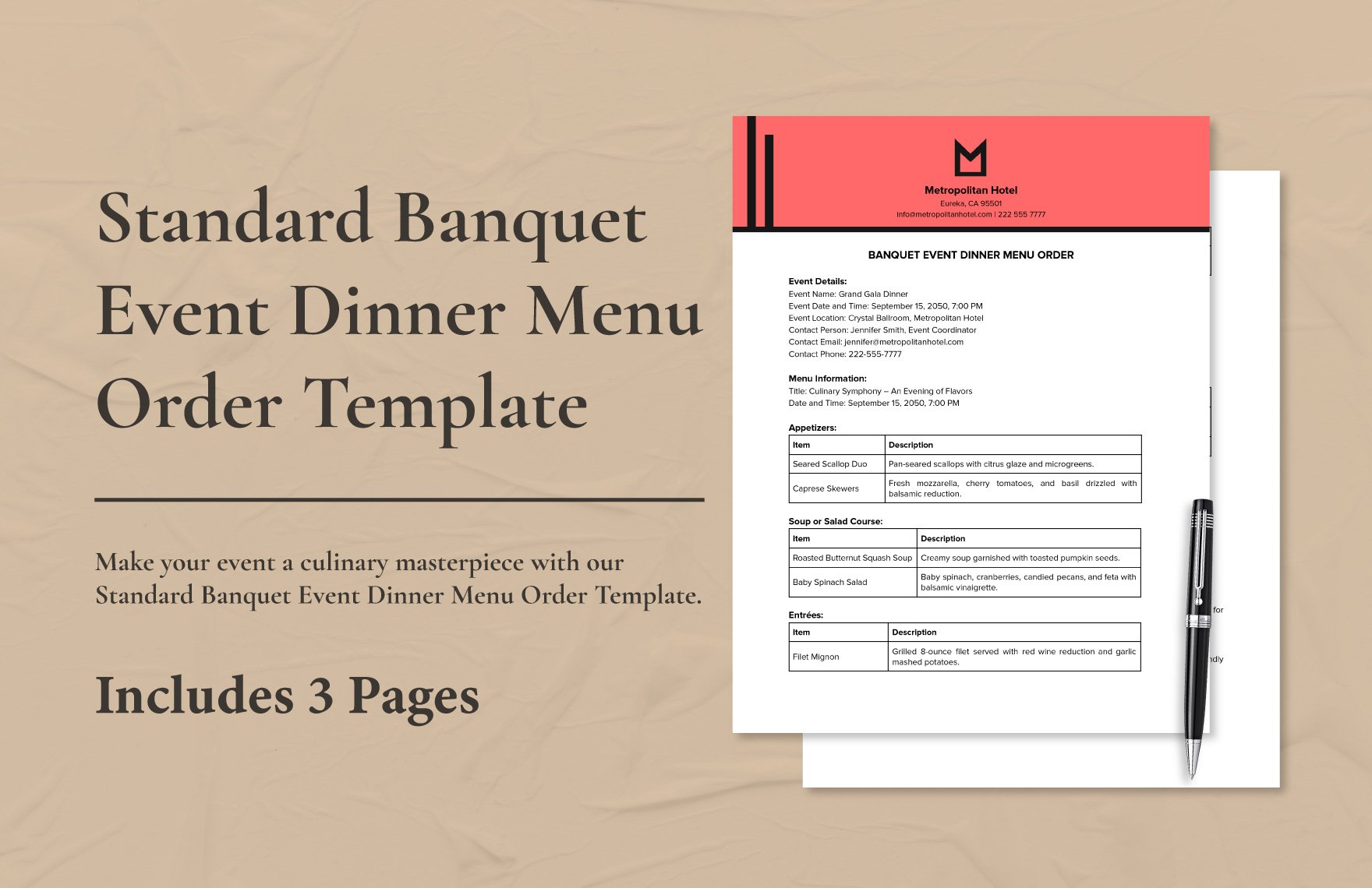 Standard Banquet Event Dinner Menu Order Template
