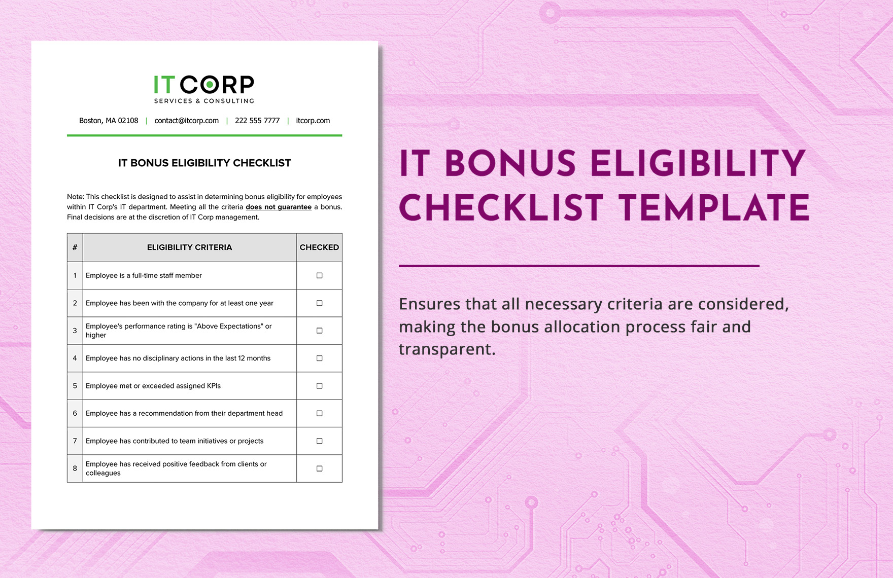 IT Bonus Eligibility Checklist Template In Word PDF Google Docs