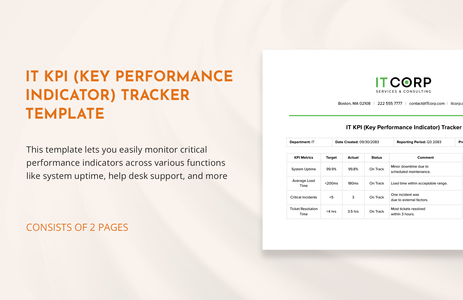 IT KPI (Key Performance Indicator) Tracker Template in Word, Google Docs, PDF