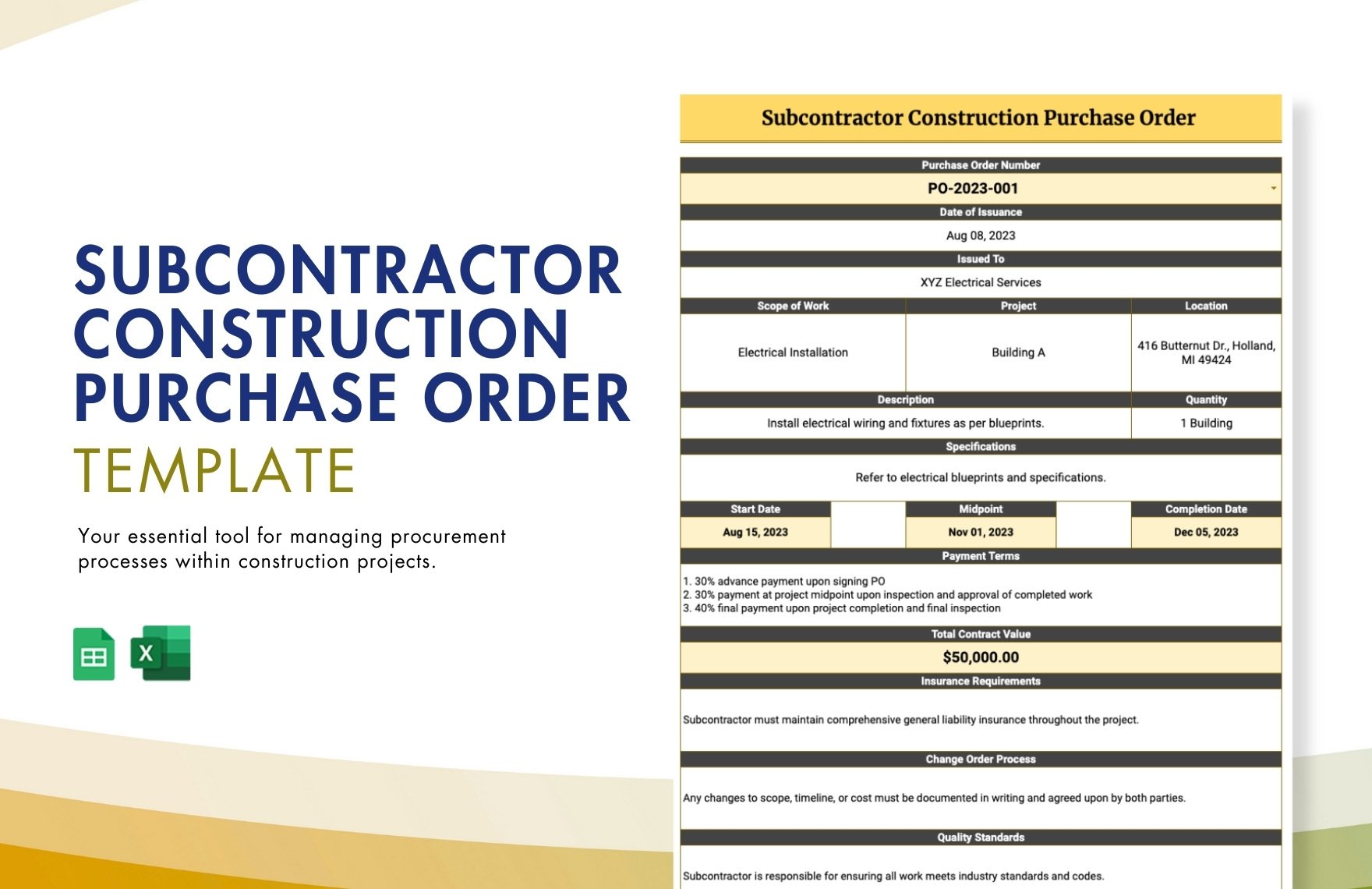 Subcontractor Construction Purchase Order Template