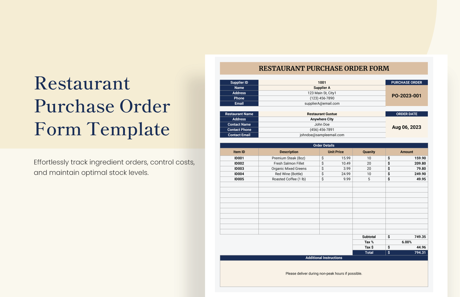 Restaurant Purchase Order Form Template